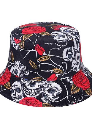 Двостороння панама з трояндами та черепами, чорна, літня,1