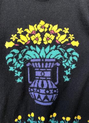 Винтаж свитер джемпер интарсия ваза с цветами на синем фоне жаккард2 фото