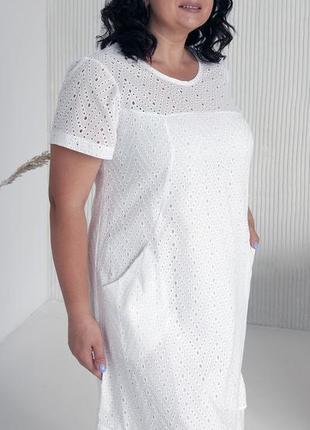 Летнее женское платье, белое, прошва, больших размеров длины миди 54, 56, 58, 605 фото