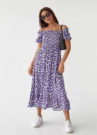 Женское длинное платье с эластичной талией и воланом. модель 4133 фиолетовый