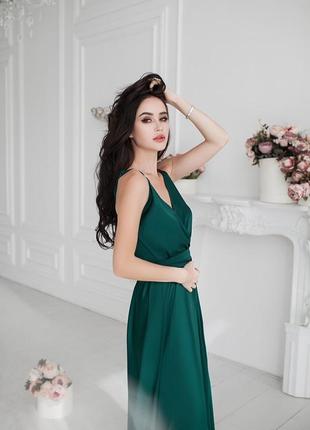 Зелена вечiрна сукня максi довга iзумрудна шлейки3 фото