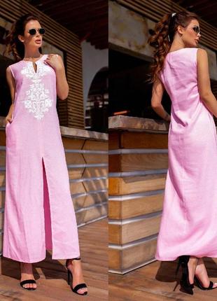 Свободное прямое платье выполненное из льна с разрезом размеры норма и полубатал