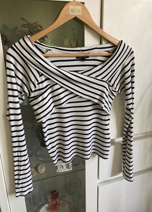 Topshop 8/36 s белый в чёрную полоску трикотажный в рубчик лонгслив