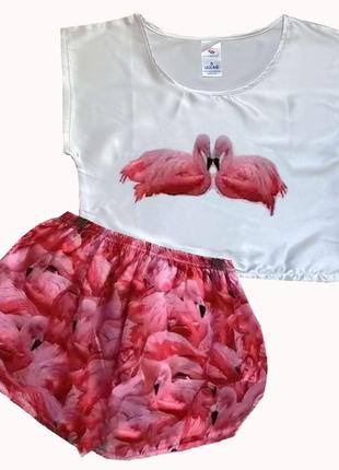 Шелковая пижама с шортами фламинго