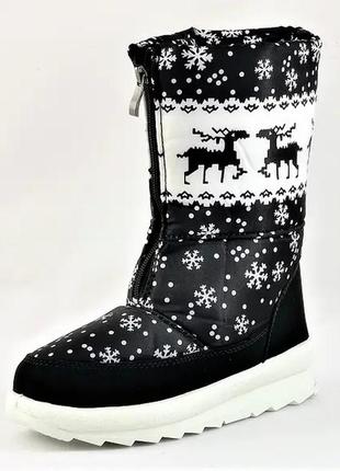 🔴 купити зимові жіночі дутики чоботи на хутрі теплі чорні з оленями 37,38,39,40,41)7 фото