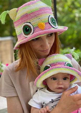 Літні капелюшки "сова райдужна" family look мама і донька1 фото
