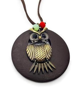 🔺🦉🌳 кулон у стилі бохо натуральне дерево та підвіска "сова" на довгому шкіряному шнурку