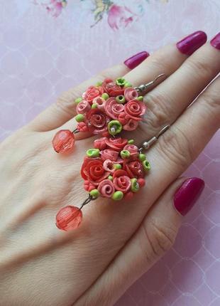 Сережки ручна робіт квіти розов салат подвеск черв полімер hand made