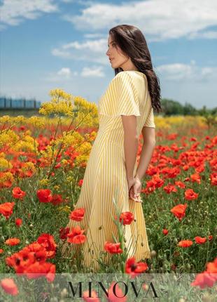 Льняное нежаркое платье а-силуэта желтого цвета в полосочку, размер от 42 до 462 фото