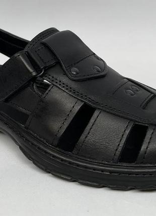 Мужские летние туфли босоножки натуральная кожа прошитые на липучках черные