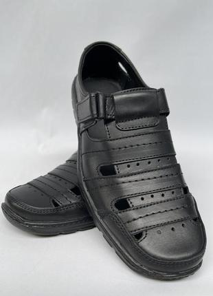 Мужские туфли летние босоножки натуральная кожа прошитые на липучках черные1 фото