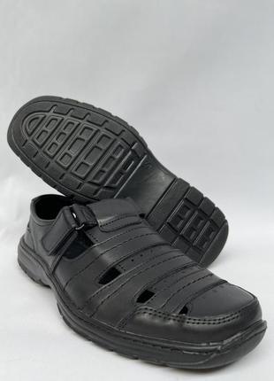 Мужские туфли летние босоножки натуральная кожа прошитые на липучках черные5 фото