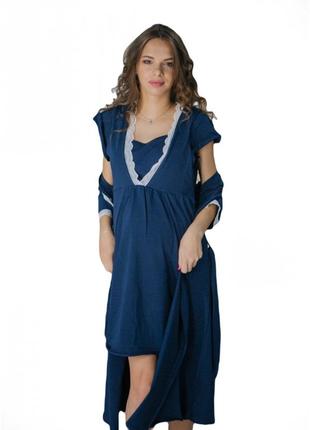 Комплект нічна сорочка + халат для вагітних і годуючих ярина синій