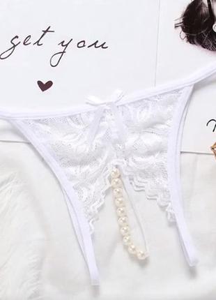 Трусики с жемчугом эротические белые - размер универсальный (на резинке), 15% нейлон, 85% полиэстер