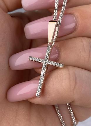 Серебряный крестик в камнях 925 пробы с золотой пластиной 375 пробы