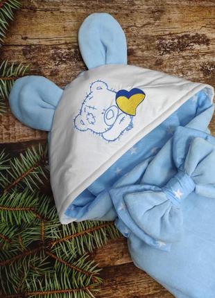 Демисезонный конверт одеяло для новорожденных "тедди" голубой, велюр/хлопок2 фото