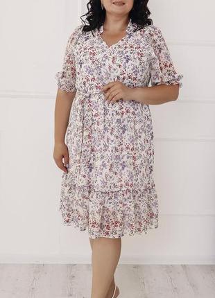 Шифоновое летнее женское платье больших размеров с цветочным узором длины миди ,белое 52 - 58р2 фото