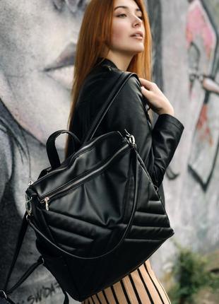 Жіночий рюкзак-сумка sambag trinity строчений - black з відділенням під ноутбук
