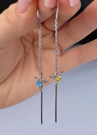 Серебряные серьги протяжки с фиксатором , 925 проба , птички калибри, флаг украины , желто голубые камни , патриотические украшения