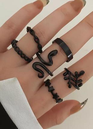 Набор колец 6 штук трендовые модные стильние чорние кольца в стиле  панк рок хип хоп гот кольцо со змеей фланговые кольца2 фото