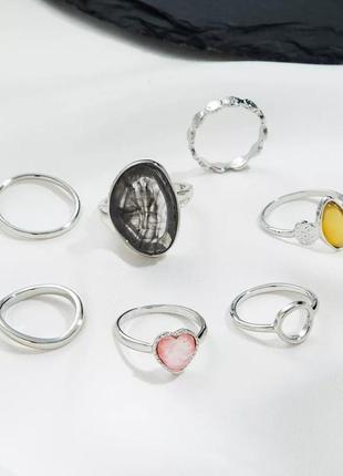 Набор колец 7 штук стильные модные трендовые колечки кольца с большим камнем винтажние кольца в стиле бохо панк рок хип хоп гот кольцо с камнем2 фото