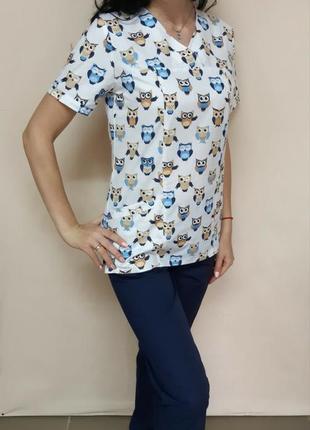 Жіноча медична блуза з совами 42-46 р бавовна1 фото