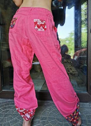 Льняные брюки штаны с накладными карманами прямые высокая посадка комбинированные лен5 фото