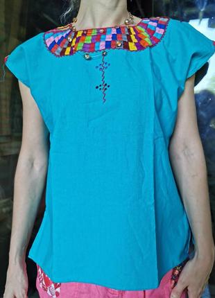 Блуза коттон хлопок в этно бохо стиле с вышивкой майка топ4 фото