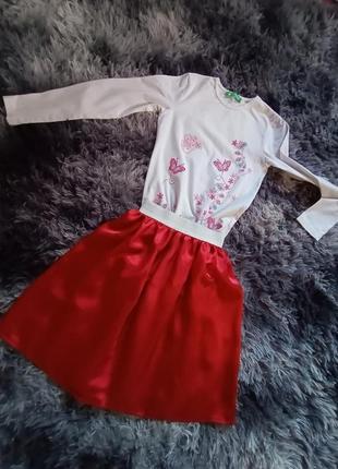 Реглан с вышивкой вышиванка атласная юбка бордо нарядный костюм 10-12л