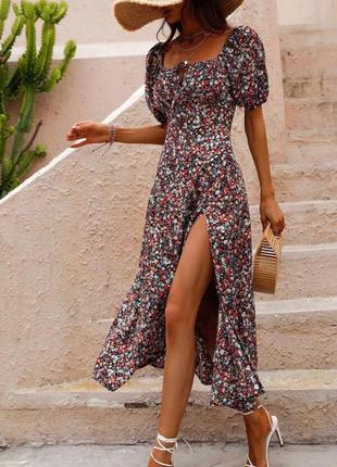 Легке плаття з квітковим принтом міді з розрізом з зав'язками літній красиве стильне