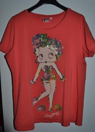 Яскрава стильна коралова жіноча футболка betty boop з паєтками на розмір l - xl