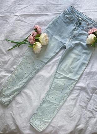 Джинси skinny з намистинами висока посадка