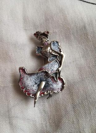 Вінтажна маркована срібна брошка емаль танцівниця d j