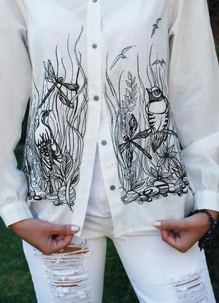Ексклюзивна вишита блуза "птахи в травах"2 фото