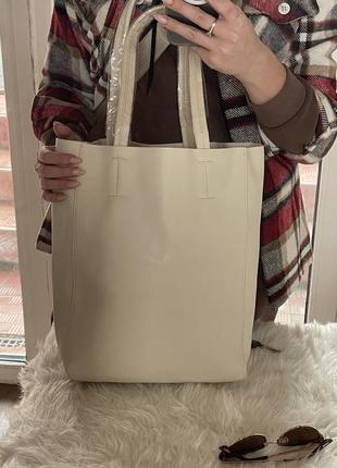 Женская кожаная большая белая сумка шопер9 фото