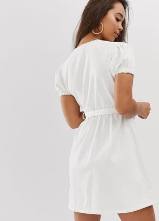 Джинсова сукня біле плаття boohoo біле плаття з поясом коротке плаття біле джинсові міні плаття плаття з об'єднання ємними рукавами4 фото