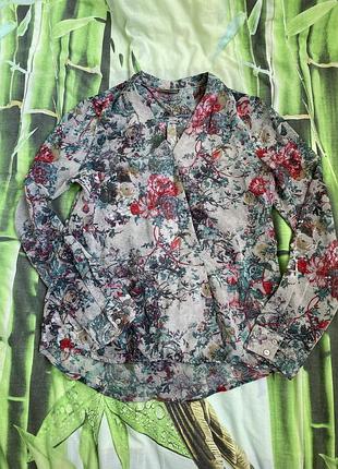 Street one жіноча брендова прозора фірмова блуза блузка в квітковий принт сіра зі шлейфом ззаду довша стильна модна