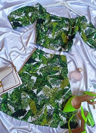 Літній костюм з льону топ і спідниця / юбка / листя / тропіки / зелений / летний костюм лён2 фото