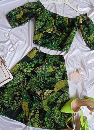Літній костюм з льону топ і спідниця / юбка / листя / зелений / летний костюм лен2 фото