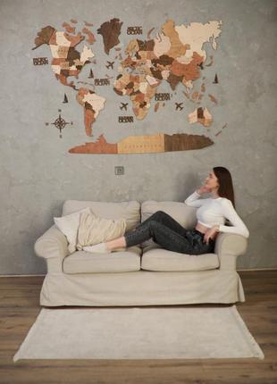 Карта мира на стену, деревянная многослойная со странами и столицами 3д подарок на день рождения