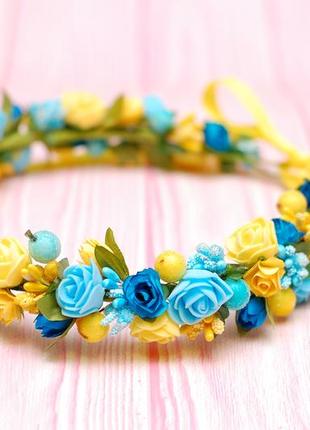 Вінок віночок з квітами жовто-блакитний4 фото