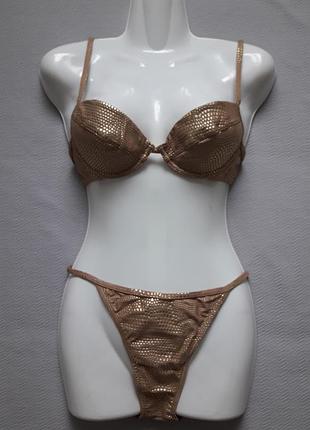 Крутий фірмовий роздільний купальник push-up в фактурний золотистий принт hunkemoller