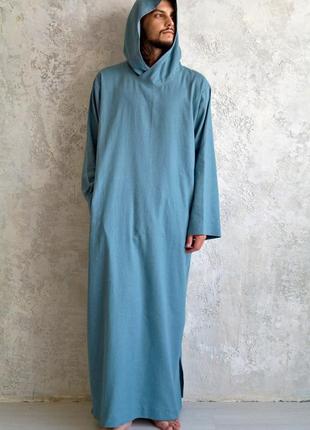 Мужской льняной кафтан, длинная мужская туника, мужское платье с капюшоном, чоловічий кафтан4 фото