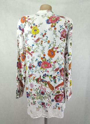 Блузка рубашка котон белая цветы птицы с рукавом zara3 фото