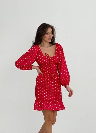 Короткое красное платье с декольте в горох сердечки коротка червона сукня плаття у горох в сердечко3 фото