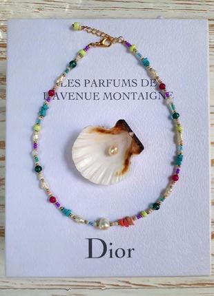 Чокер з натуральними перлинами, бірюзою, агатом та рубінами