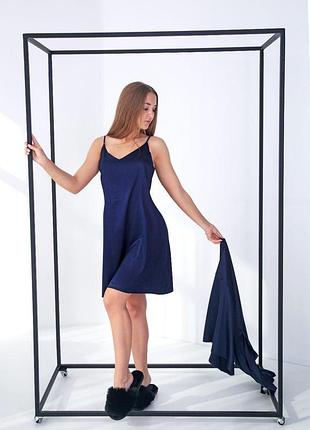 Жіночий шовковий халат з сорочкою р. s,m,l,xl.синій4 фото