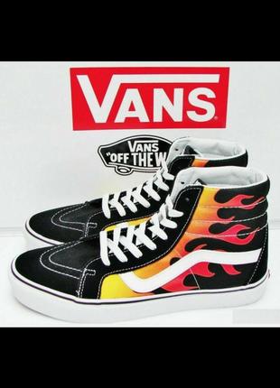 Кеди vans flame black white red skater sk8-hi reissue off the wall