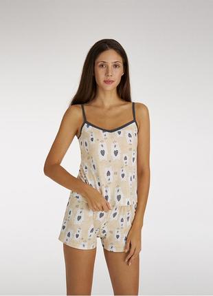 Жіноча бавовняна піжама бежового кольору з принтом gofre lpk 4070/11/01