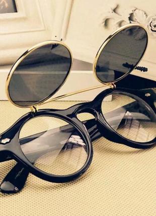 2в1 очки солнцезащитные+имиджевые круглые панк двойной флип коричневый3 фото